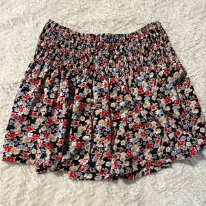 Smocked Waist Floral Mini Skort. - Black with Red & Cream Flowers
